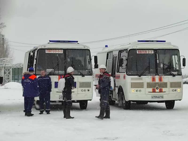 Specialists take part in a rescue operation following a fire in a coal mine in the Kemerovo region