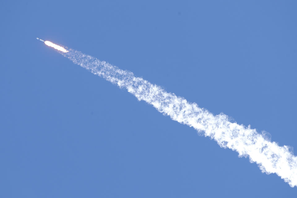 A Falcon 9 SpaceX rocket on a resupply mission to the International Space Station soars skyward after liftoff from Space Launch Complex 40 at Cape Canaveral Air Force Station in Cape Canaveral, Fla., Thursday, Dec. 5, 2019. (AP Photo/John Raoux)