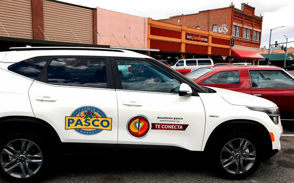 A vehicle for the Downtown Pasco Development Authority is parked near the organization’s office at 110 S. Fourth Ave. in Pasco.