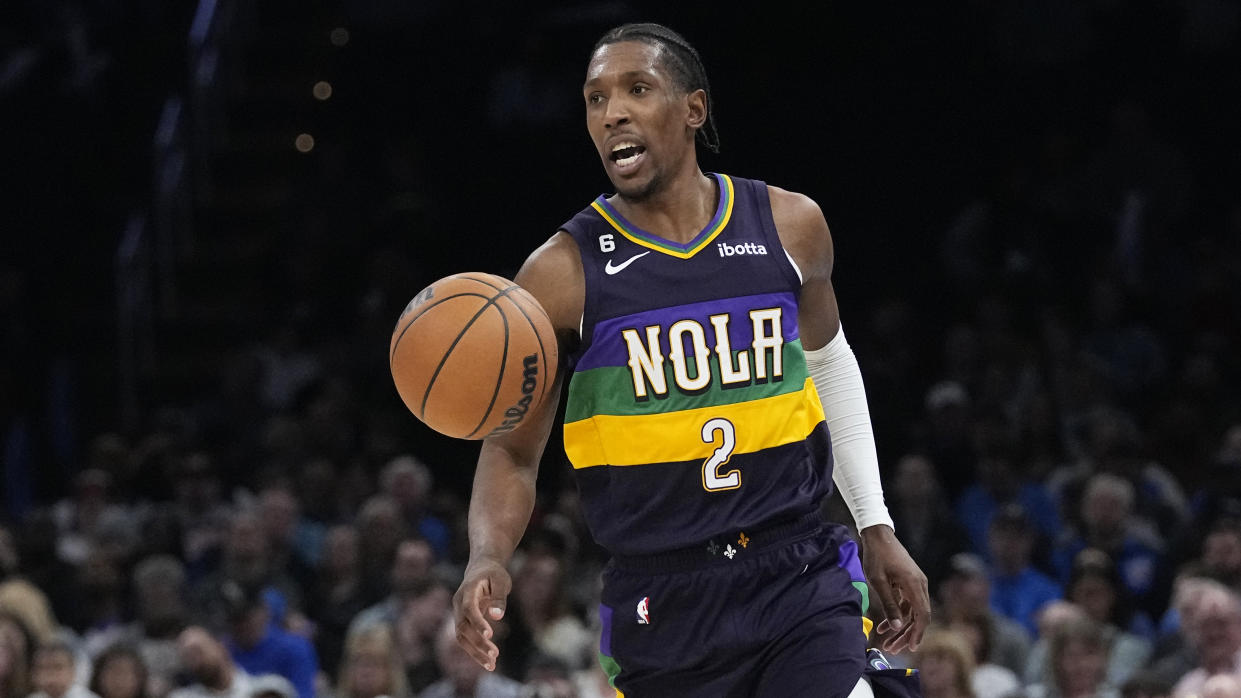 New Orleans Pelicans guard Josh Richardson during an NBA basketball game against the Oklahoma City Thunder, Monday, Feb. 13, 2023, in Oklahoma City. (AP Photo/Sue Ogrocki)