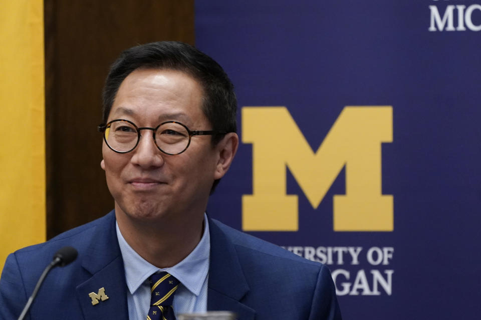 Santa Ono is introduced as the new president of the University of Michigan, Wednesday, July 13, 2022, in Ann Arbor, Mich. Ono becomes UM's 15th president and its first minority and Asian chief executive — the son of Japanese immigrants who came to the United States after World War II. The 59-year-old Ono has led the University of British Columbia for nearly six years after guiding the University of Cincinnati for four years. (AP Photo/Carlos Osorio)