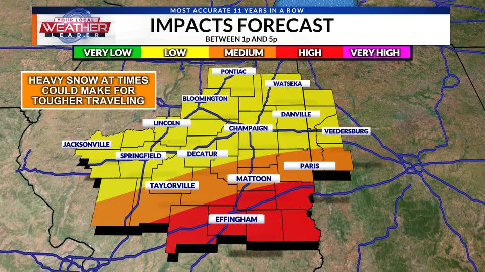 May be an image of map and text that says 'YOURLOCL WEATHER LEADER MOST ACCURATE 11 YEARS ROW IMPACTS FORECAST BETWEEN 1p AND 5p MEDIUM VERYLOW LOW HEAVY SNOW AT TIMES COULD MAKE FOR TOUGHER TRAVELING HIGH PONTIAC VERY HIGH WATSEKA BLOOMINGTON LINCOLN JACKSONVILLE DANVILLE CHAMPAIGN SPRINGFIELD DECATUR VEEDERSBURG TAYLORVILLE PARIS MATTOON EFFINGHAM'