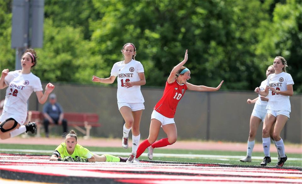 Chatham Glenwood's Rylann Law celebrates after scoring the team's second goal during the first overtime of the Class 2A girls soccer state championship game against Lisle Benet Academy at Benedetti–Wehrli Stadium in Naperville on Saturday, June 3, 2023.