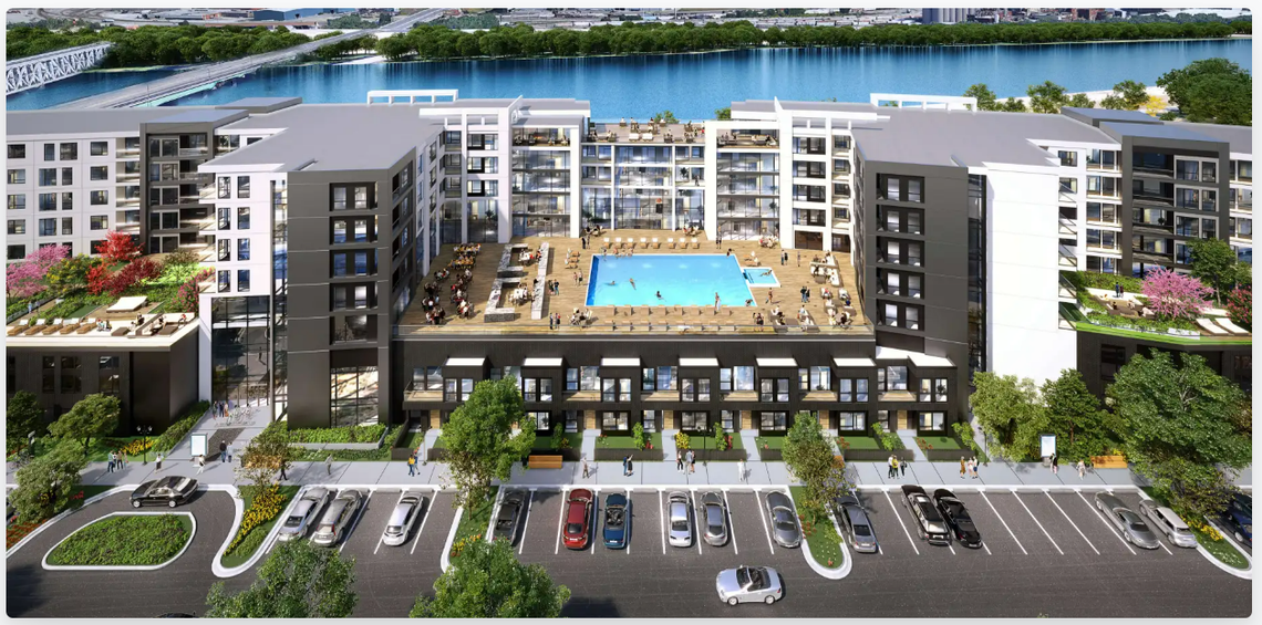This rendering from Lux Living’s website shows the company’s plans for a 250-unit apartment development along the Missouri Riverfront.