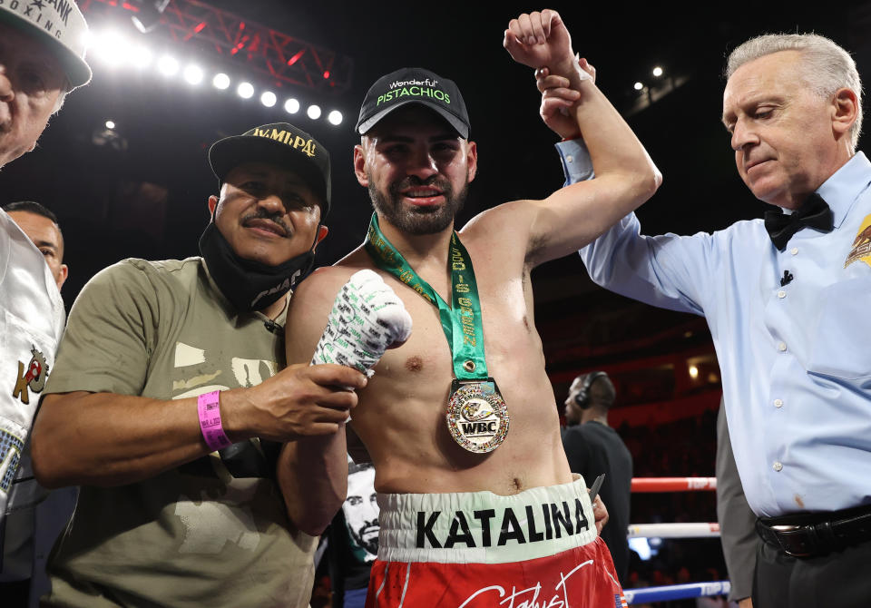 FRESNO, CALIFORNIA - MARCH 04: Jose Ramirez is victorious as he defeats Jose Pedraza during their super lightweight fight at Save Mart Center on March 04, 2022 in Fresno, California. (Photo by Mikey Williams/Top Rank Inc via Getty Images)