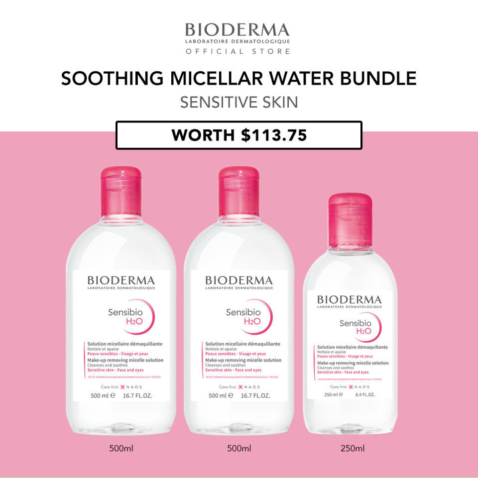 [Lazada Exclusive] Bioderma Sensibio H2O Soothing Micellar Water (Facial Non-Rinse Cleanser for Sensitive Skin) Bundle Set. (Photo: Lazada SG)