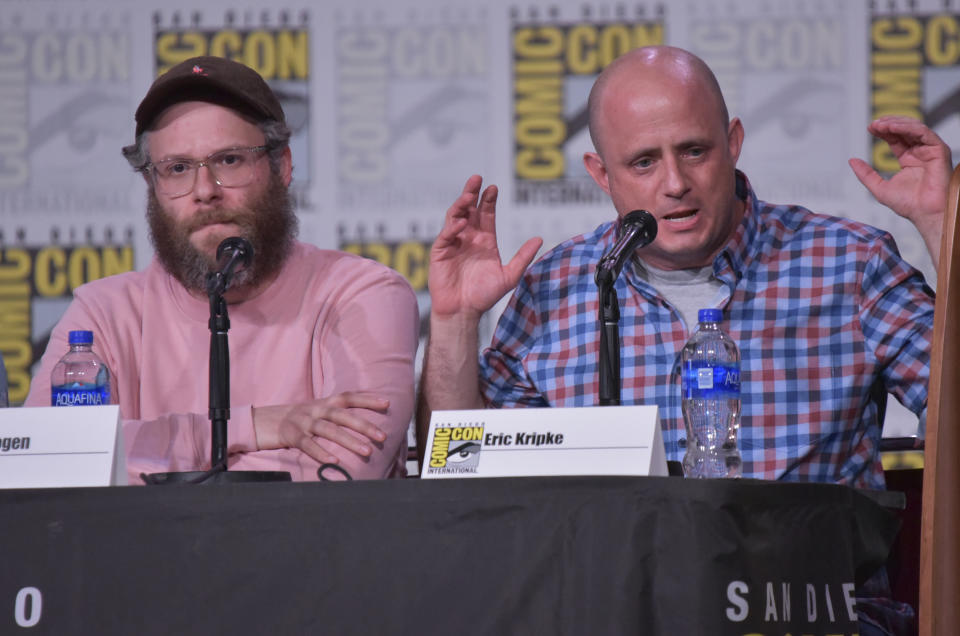 Seth Rogen and Eric Kripke participate in "The Boys" panel on day two of Comic-Con in July 2019. (Photo by Richard Shotwell/Invision/AP)