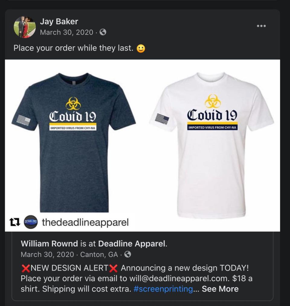 A screenshot of Cherokee County sheriff's Capt. Jay Baker promoting a T-shirt with a design insulting to the Asian community. (Photo: Sanjana Karanth/HuffPost)