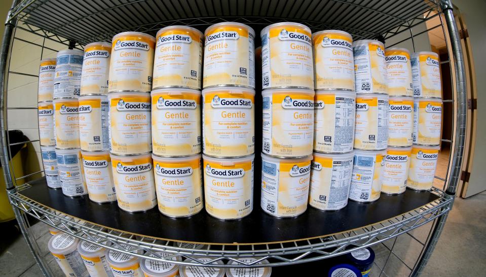 Shelves of baby formula in the warehouse at Infant Crisis Services during a baby formula shortage, Friday, May 13, 2022