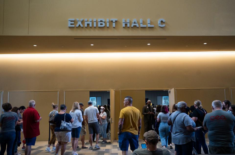 Aug 21, 2022; Columbus, Ohio, USA; Columbus Education Association members file into the convention center to vote on whether or not to go on strike.