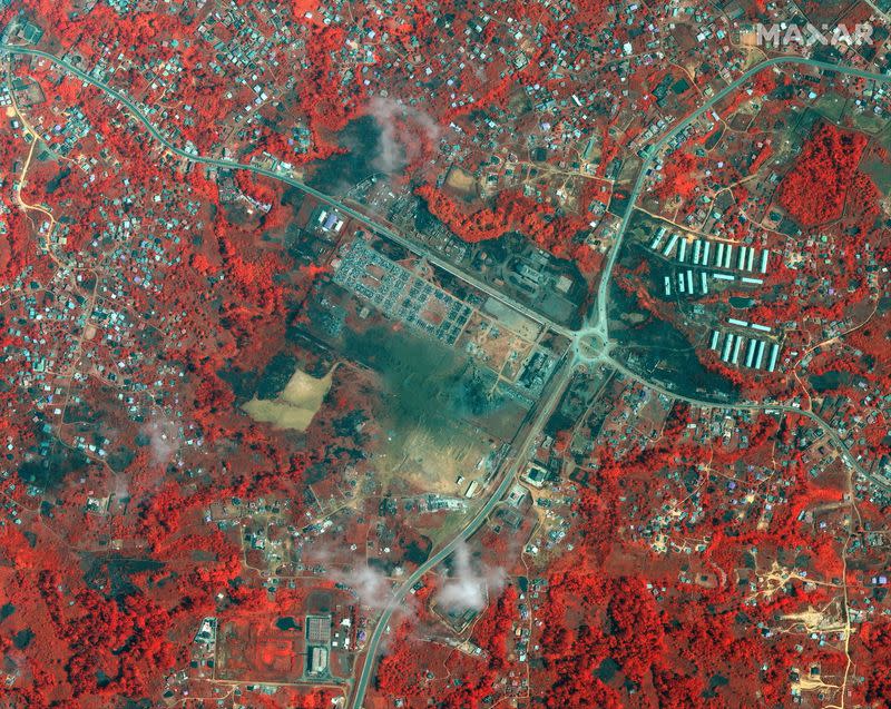 A Maxar satellite image shows the Nkoantoma Military Base after a series of explosions, in Bata, Equatorial Guinea