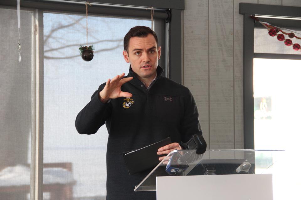 U.S. Rep. Mike Gallagher speaks Monday in Chilton while introducing a bill to prevent lake sturgeon in Wisconsin from being listed under the federal Endangered Species Act.