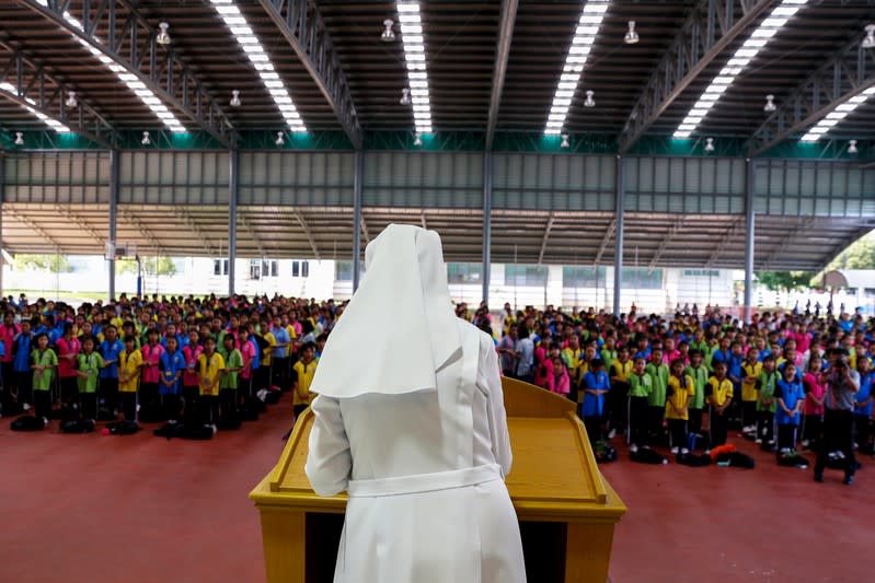 Sister Ana Rosa Sivori delivers a speech to students at the St. Mary School in Udon Thani province