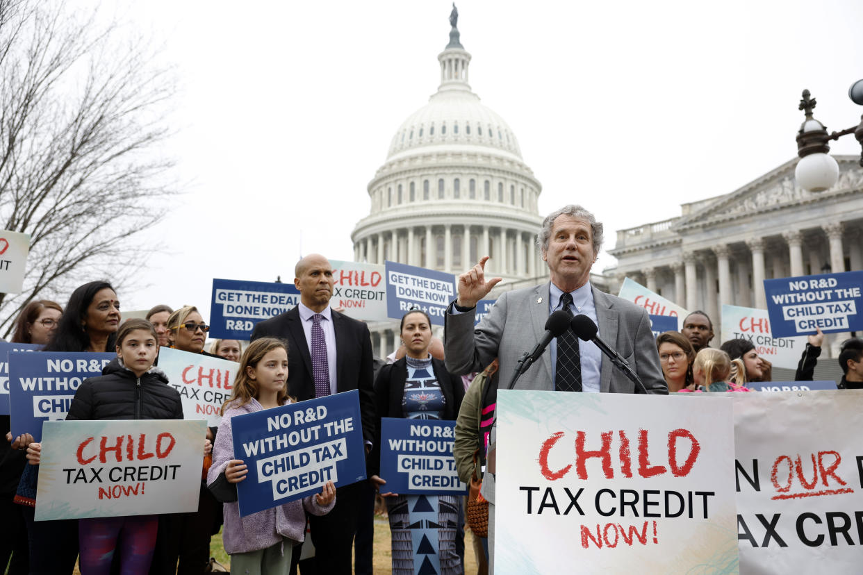 WASHINGTON, DC - DECEMBER 07: Senator Sherrod Brown (D-OH)  speaks during Press Briefing With U.S. House And Senate Champions, Impacted Families on Expanding the Child Tax Credit During Lame Duck Session on December 07, 2022 in Washington, DC. (Photo by Tasos Katopodis/Getty Images for Economic Security Project)