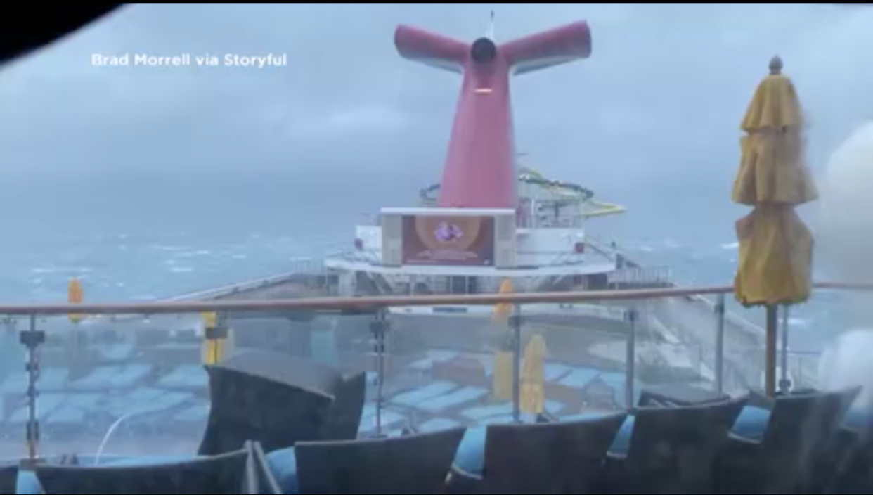 The Carnival Sunshine cruise ship seen during stormy weather and rough seas on a trip from the Bahamas to Charleston. / Credit: Brad Morrell via Storyful