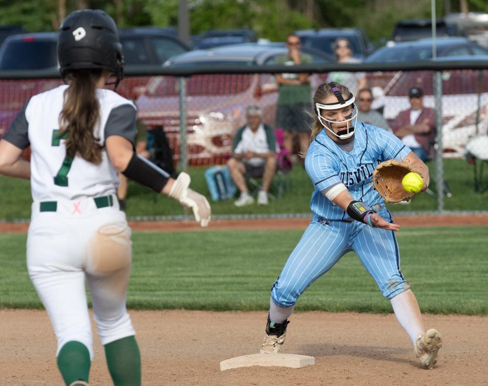 Louisville’s Mattie Benson tags second base for the first out against Nordonia’s Alyssa Lyons (7) then turns the double play during the fifth inning Wednesday, May 8, 2024.
