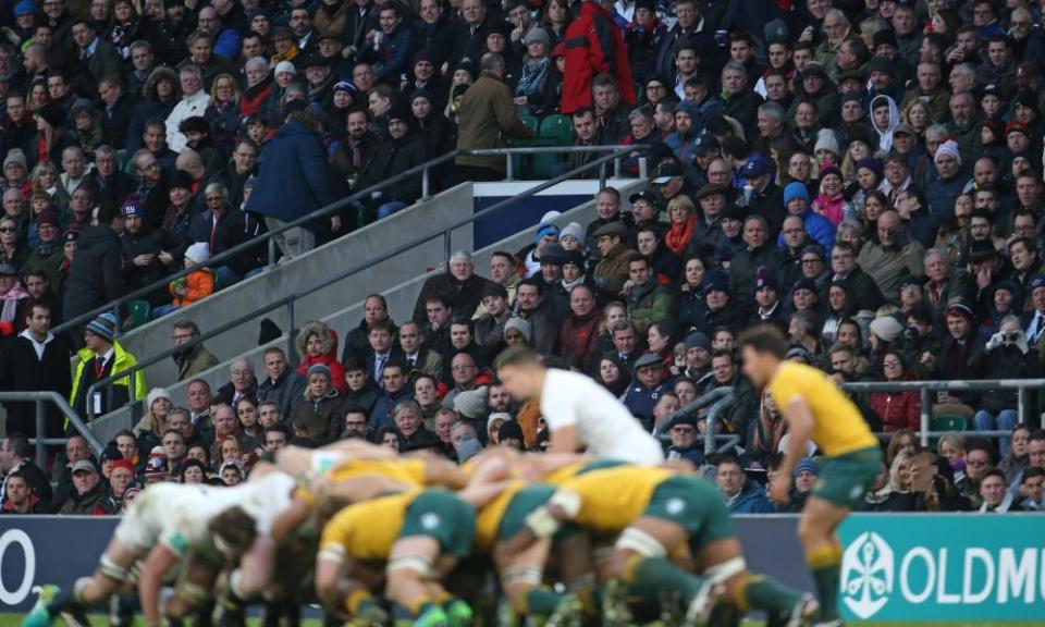 Fans watch on as England and Australia’s packs do battle at the scrum.