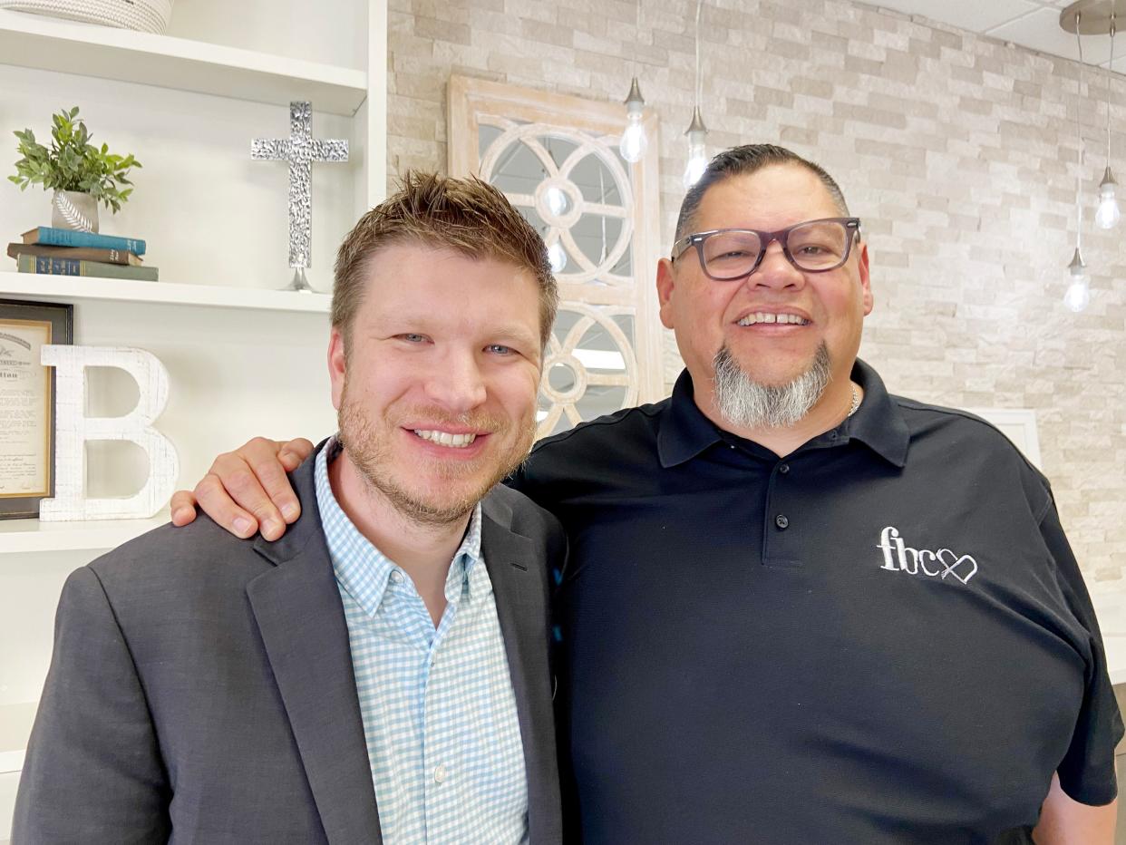 The Rev. Josh Wester, chairman of the Southern Baptist Convention's Abuse Reform Implementation Task Force, left, poses for a photo with the Rev. Mike Keahbone, senior pastor of First Baptist Church of Lawton, during Wester's visit to First Baptist-Lawton.