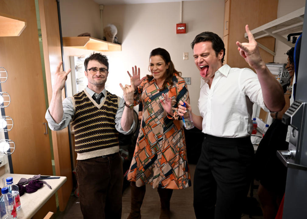 NEW YORK, NEW YORK - JUNE 16: Daniel Radcliffe, Lindsay Mendez, and Jonathan Groff backstage at The 77th Annual Tony Awards at David H. Koch Theater at Lincoln Center on June 16, 2024 in New York City. (Photo by Jenny Anderson/Getty Images for Tony Awards Productions)