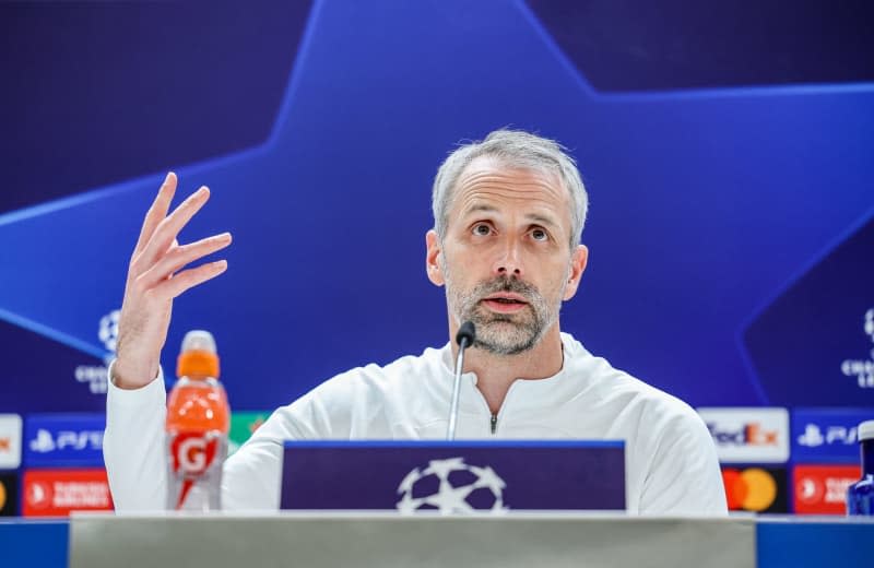 Leipzig's coach Marco Rose speaks during a press conference at the Estadio Santiago Bernabeu, ahead of the Wednesday's UEFA Champions League round of 16 second leg soccer match against Real Madrid. Jan Woitas/dpa