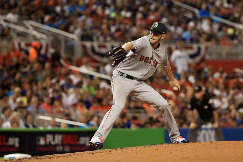 <p>Chris Sale #41 of the Boston Red Sox and the American League pitches in the first inning against the National League during the 88th MLB All-Star Game at Marlins Park on July 11, 2017 in Miami, Florida. (Photo by Mike Ehrmann/Getty Images) </p>