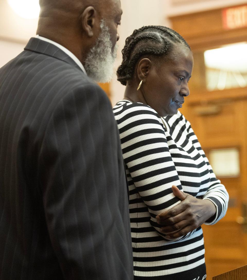 Anita Robinson Muhammad, accompanied by her brother, the Rev. Howard Robinson Jr., speaks at the sentencing of Grace N. DeWalt, who shot her great niece Tariyah Robinson in the face at a Halloween party on Oct. 22 in Canton Township.