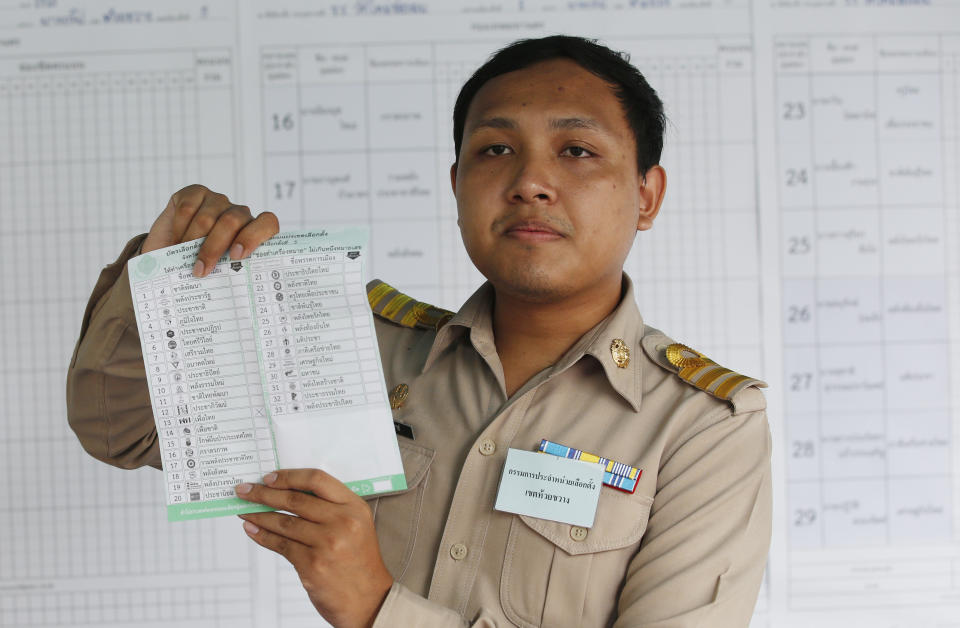 In this Sunday, March 24, 2019. a officer counts ballots in the general election after closing a polling station in Bangkok, Thailand. Thailand's Election Commission said Thursday that 100 percent of the votes from the recent general election had been counted and a party allied with the ruling junta has won the most votes, though the results are not yet official. (AP Photo/Sakchai Lalit)