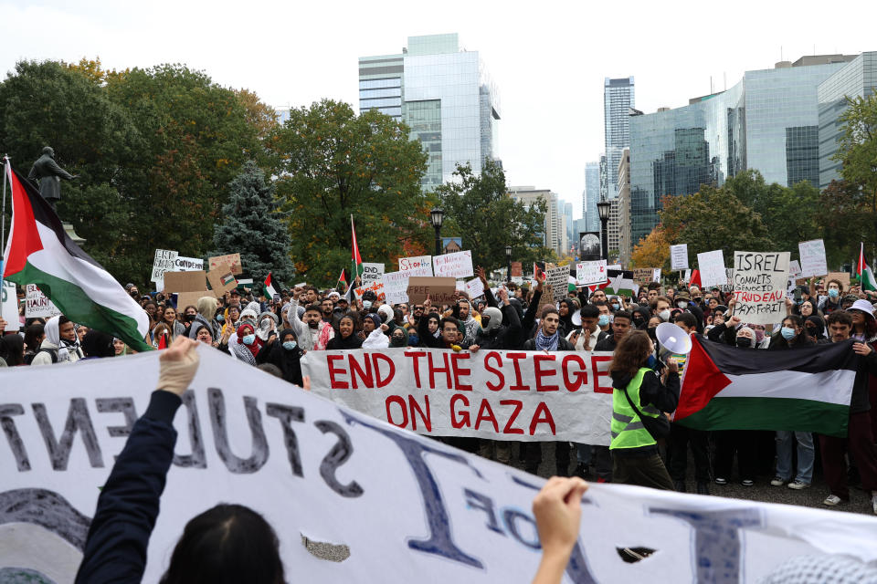 Hundreds of protestors, mostly university students, gathered to protest against Israeli airstrikes in Gaza Strip, at Toronto's Queen's Park outside the Legislative Assembly on Oct. 20. (Photo by Mert Alper Dervis/Anadolu via Getty Images)