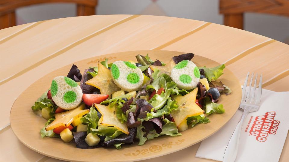 Yoshi's Favorite Fruit and Veggie Salad at Super Nintendo World's Toadstool Cafe, which is inside Universal Studios Hollywood in Southern California.