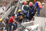 <p>A dog is held by a rescue worker during the search for students at Enrique Rebsamen school after an earthquake in Mexico City, Mexico, Sept. 20, 2017. (Photo: Edgard Garrido/Reuters) </p>