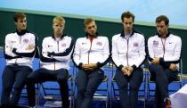 Britain Tennis - Great Britain v Argentina - Davis Cup Semi Final - Emirates Arena, Glasgow, Scotland - 15/9/16 Great Britain captain Leon Smith with Andy Murray, Dan Evans, Kyle Edmund and Jamie Murray during the draw Action Images via Reuters / Andrew Boyers Livepic