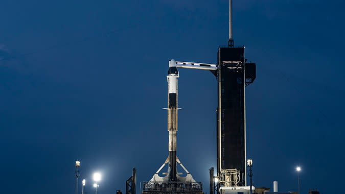  A SpaceX Dragon cargo ship stands atop Pad 39A of NASA's Kennedy Space Center in Florida for a March 14, 2023 launch. 