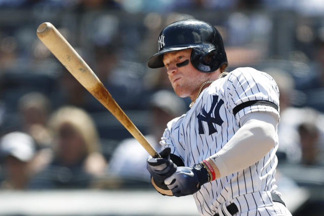 CLEARWATER, FL - MARCH 10: Clint Frazier (75) of the Yankees showing his  freshly cut hair hustles off the field between innings during the spring  training game between the Toronto Blue Jays