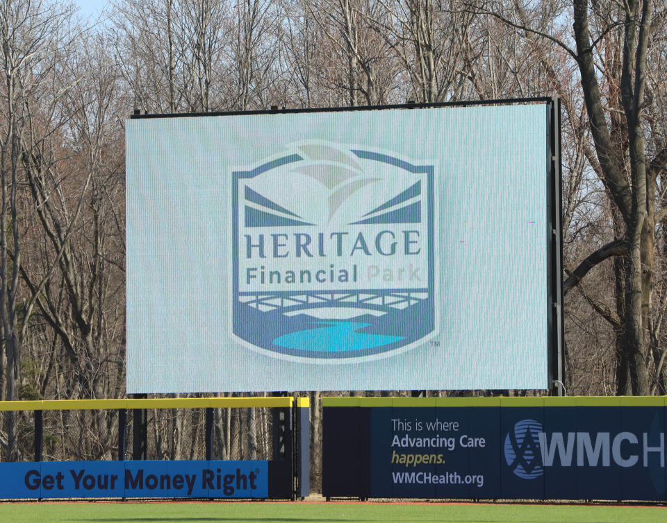 A video screen displaying the new name of Dutchess Stadium which is now called Heritage Financial Park on March 21, 2023. 