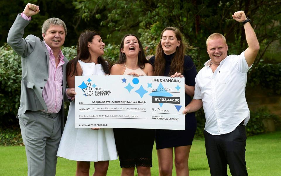 Lottery winners Keith Reynolds, Sonia Davies, Stephanie Davies, Courtney Davies and Steve Powell who scooped £61 million on the EuroMillions jackpot 