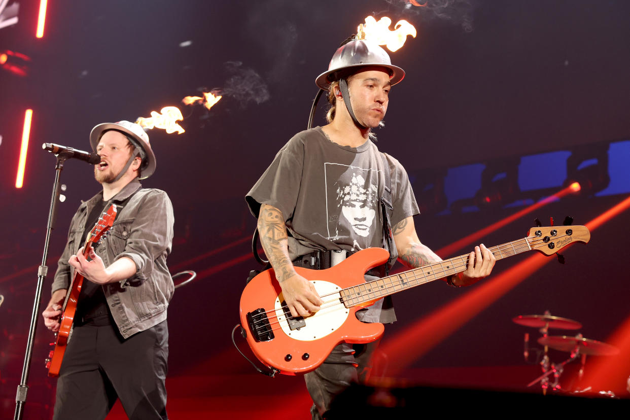 Fall Out Boy's Patrick Stump (left) and Pete Wentz performing at the 2023 iHeartRadio Music Festival in Las Vegas.