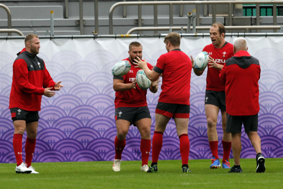 Wales players take part in a training session in Tokyo, Japan, Tuesday, Oct. 22, 2019. Wales will play against South Africa in a Rugby World Cup semifinal in Yokohama on Sunday Oct. 27. (AP Photo/Christophe Ena)