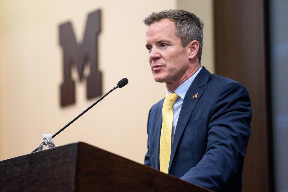 U-M's new men's basketball head coach Dusty May speaks during introductory press conference at Junge Family Champions Center in Ann Arbor on Tuesday, March 26, 2024.