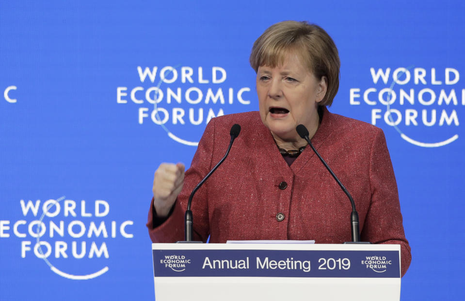 German Chancellor Angela Merkel addresses the annual meeting of the World Economic Forum in Davos, Switzerland, Wednesday, Jan. 23, 2019. (AP Photo/Markus Schreiber)