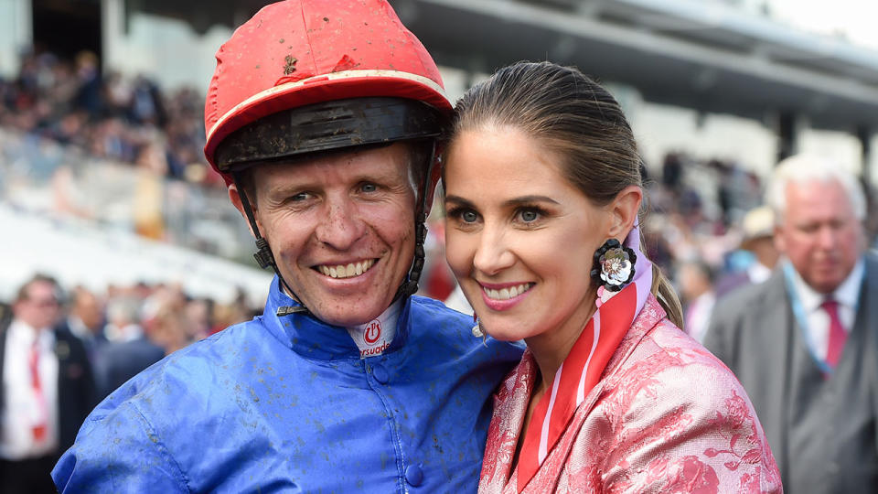 Kerrin McEvoy with wife Cathy after winning the Lexus Melbourne Cup at Flemington Racecourse on November 06, 2018 in Flemington, Australia. (Brett Holburt/Racing Photos via Getty Images)