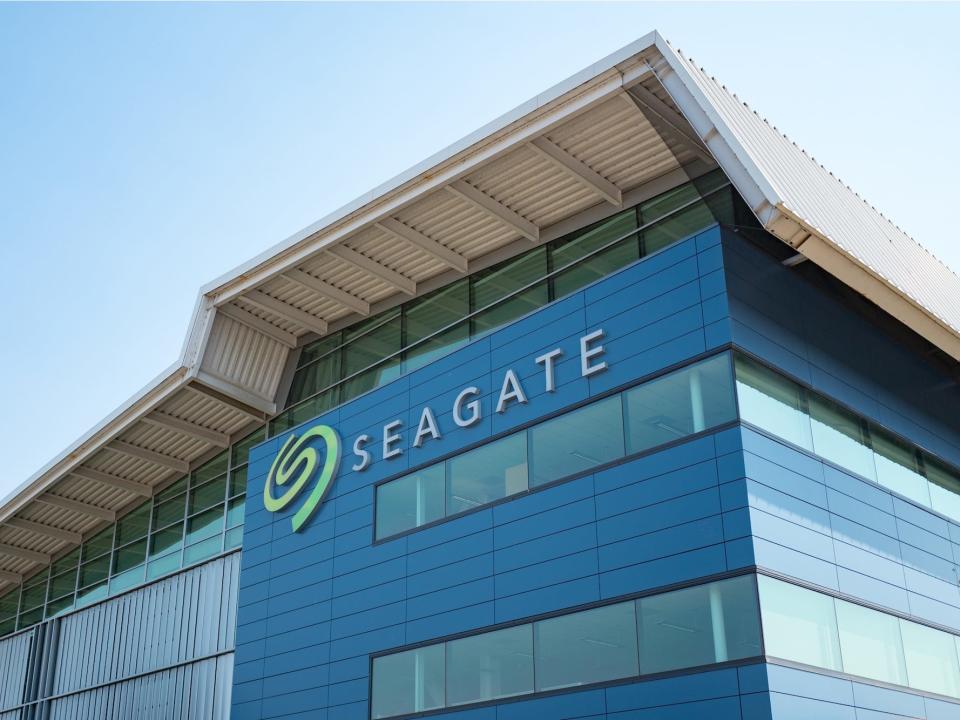 Sign with logo on facade of headquarters of hard drive and computer hardware maker Seagate in the Silicon Valley, Fremont, California, July 28, 2018.