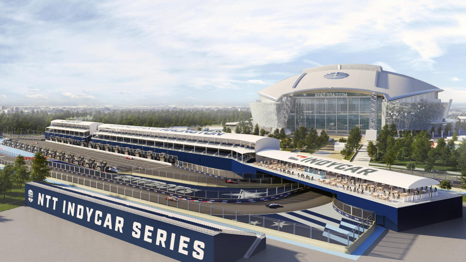 This artists rendering provided by IndyCar shows a race car passing stands for spectators during an IndyCar race near AT&T Stadium in Arlington, Texas. (IndyCar via AP )