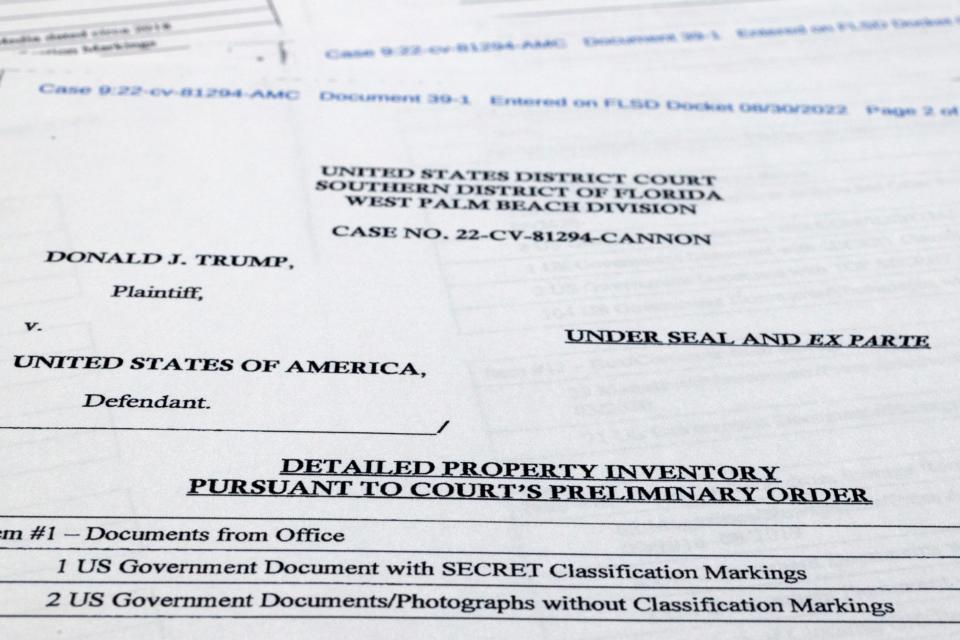 FILE - Pages from a FBI property list of items seized from former President Donald Trump's Mar-a-Lago estate and made public by the Department of Justice, are photographed Sept. 2, 2022. (AP)