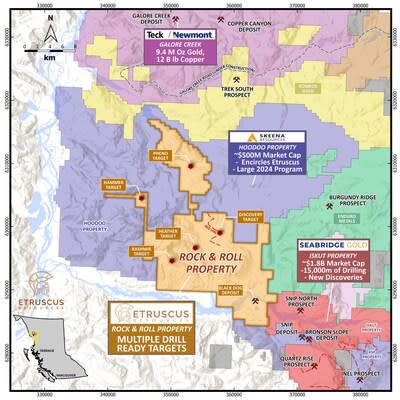 Map of Etruscus’ Rock & Roll Property with Surrounding Companies (CNW Group/Etruscus Resources Corp.)