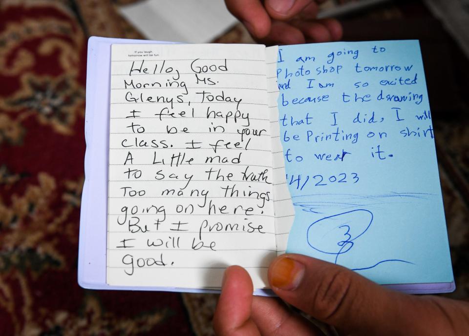 Mohammad Shams, 14, was sent to live at an immigrant children's shelter in the United States. There, he learned both English and Spanish, and kept a notebook of his schoolwork.