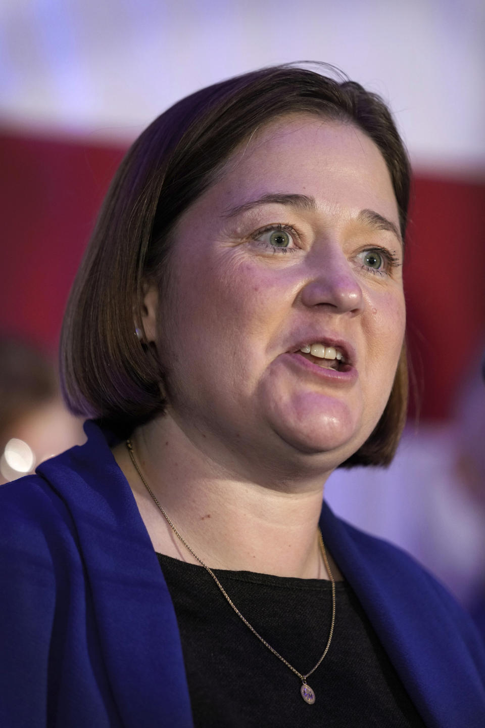 FILE - Iowa Attorney General Brenna Bird speaks during a Republican Party of Iowa election night rally, Tuesday, Nov. 8, 2022, in Des Moines, Iowa. Last fall, Bird sued a Minnesota man who hosts a Christian entrepreneurship podcast and his Florida business partner, alleging they misled and deceived consumers by selling stem cell treatments that their flyers said could bring "Life Without Pain!" But experts call these treatments quackery. Bird's lawsuit says many of the deceived consumers were elderly. (AP Photo/Charlie Neibergall, file)