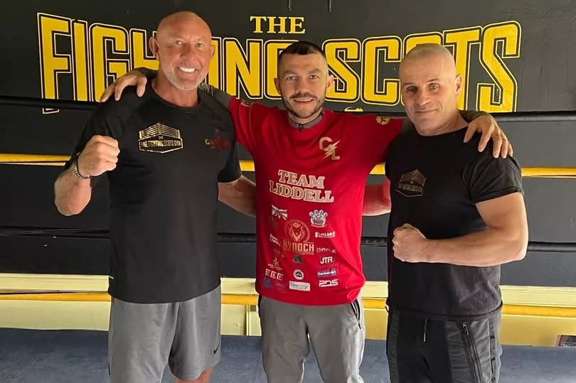 Boxer Chris Liddell (centre) with promoter Francis Gilluley and coach Davie Sutherland as he prepares for his Commonwealth silver light-flyweight title fight