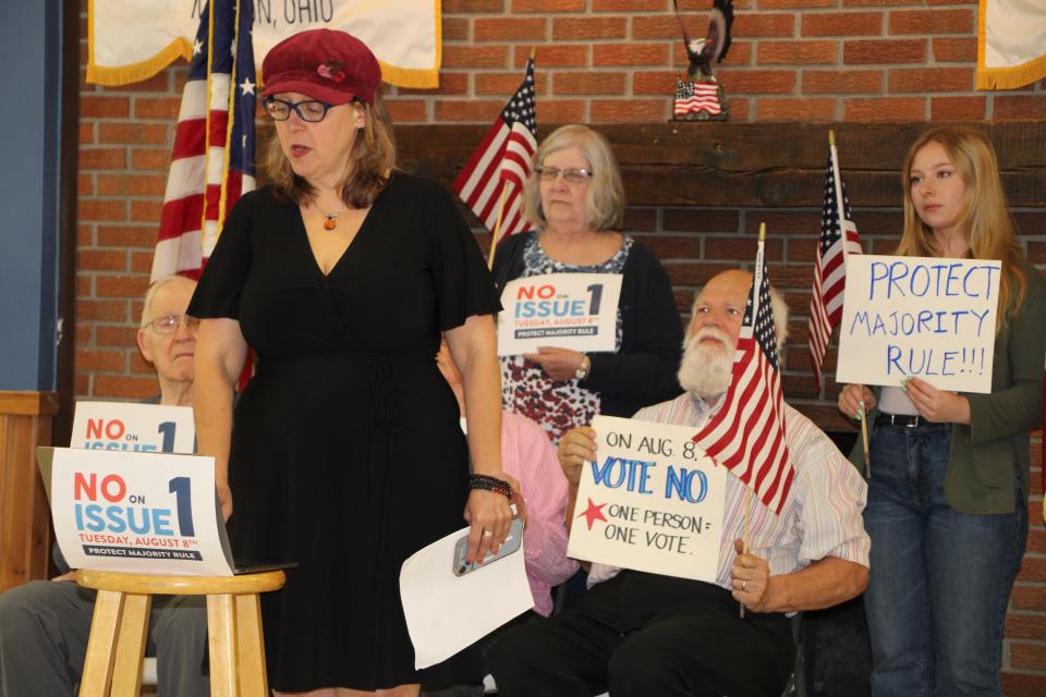 Jen Miller, executive director of the League of Women Voters of Ohio, expressed the organization's opposition to Ohio Issue 1, which would change how the state constitution is amended. She spoke during a press conference held Thursday, June 15, 2023, at the Steve Young Memorial Lodge #24 Fraternal Order of Police headquarters in Caledonia.