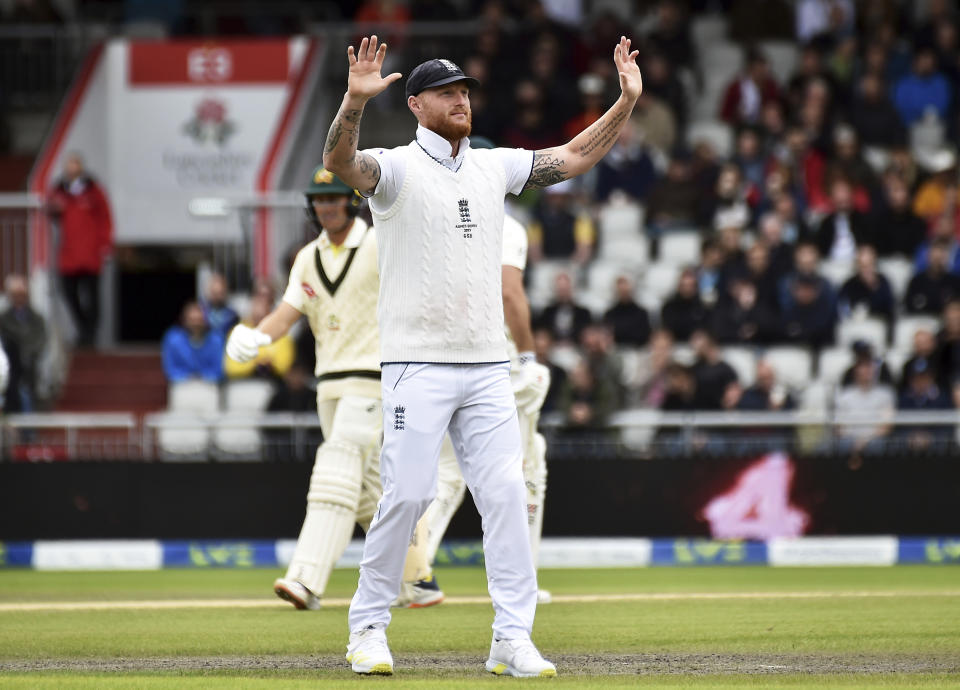 England's Ben Stokes gestures during the fourth day of the fourth Ashes Test match between England and Australia at Old Trafford, Manchester, England, Saturday, July 22, 2023. (AP Photo/Rui Vieira)