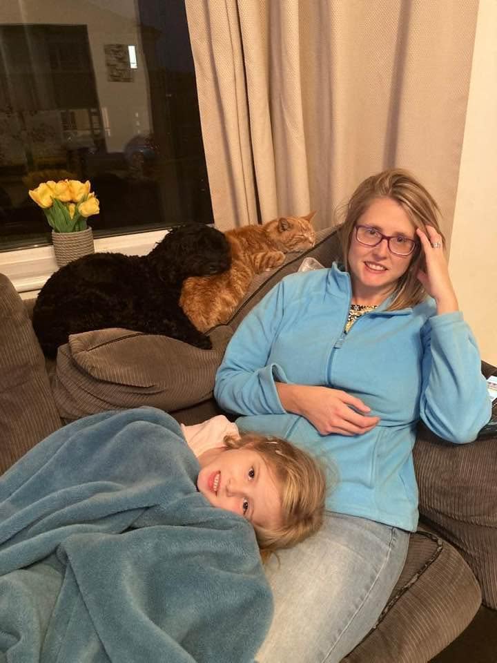 Lee Anne Porteous with daughter Emma, 6, dog Marley and cat Tigger said she began feeling unwell in May 2020 (Family handout/PA)